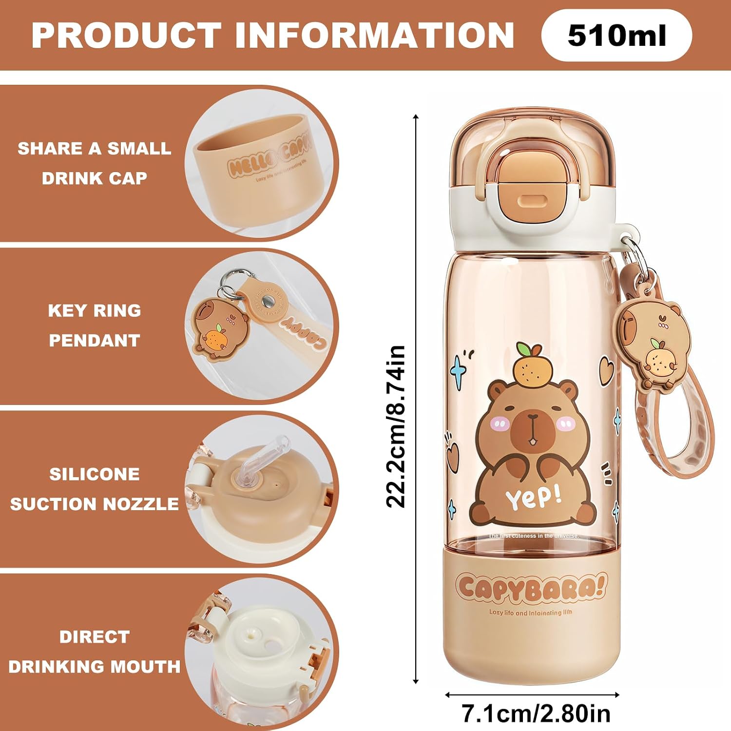 18 oz Kids Capybara Water Bottle with Straw, Direct-Sip Lid, Safety Lock and Keychain
