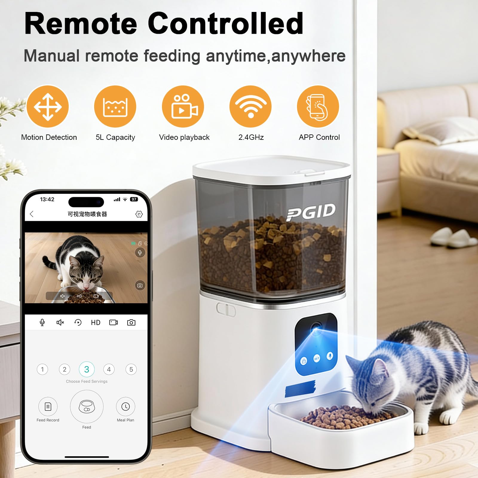 Smart Automatic Cat Feeder with 5L Food Storage, HD Camera, App Control, Motion Detection, and Two-Way Audio for Remote Feeding