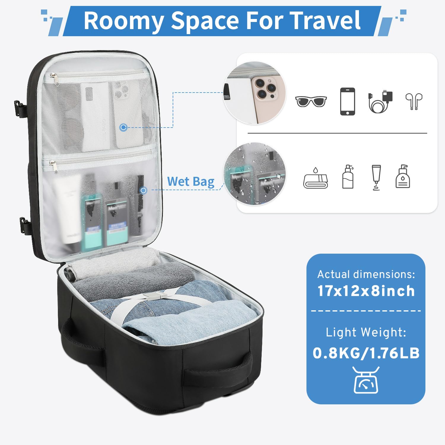 ZOMFELT TSA-Approved Carry-On Travel Backpack with 15.6” Laptop Compartment & Wet Pocket – Black