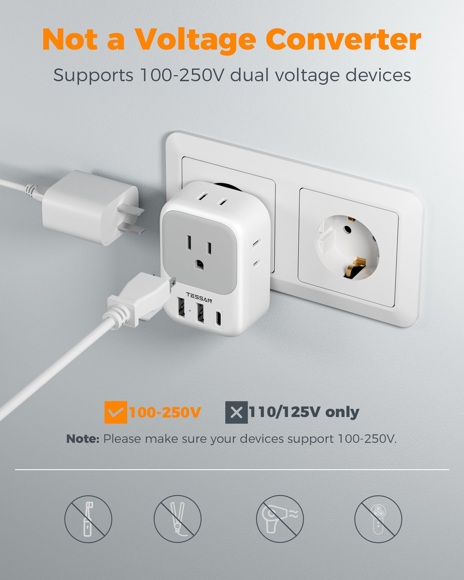 European Travel Plug Adapter with USB-C – 7 in 1 EU Power Adapter with 4 Outlets and USB Ports