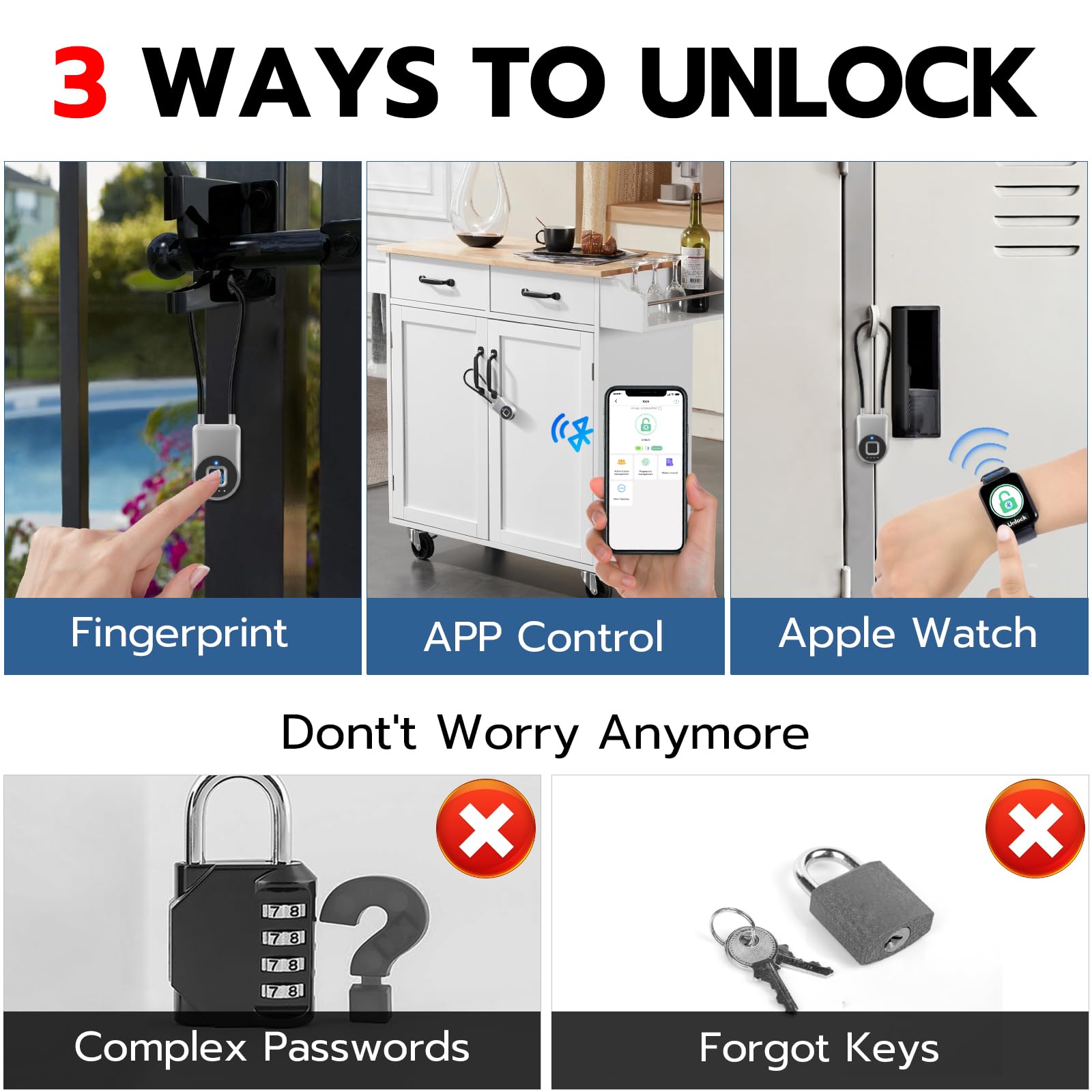 Bluetooth Fingerprint Cable Padlock with App Control, USB-C Rechargeable Smart Security Lock for Luggage, Locker & Travel Gear