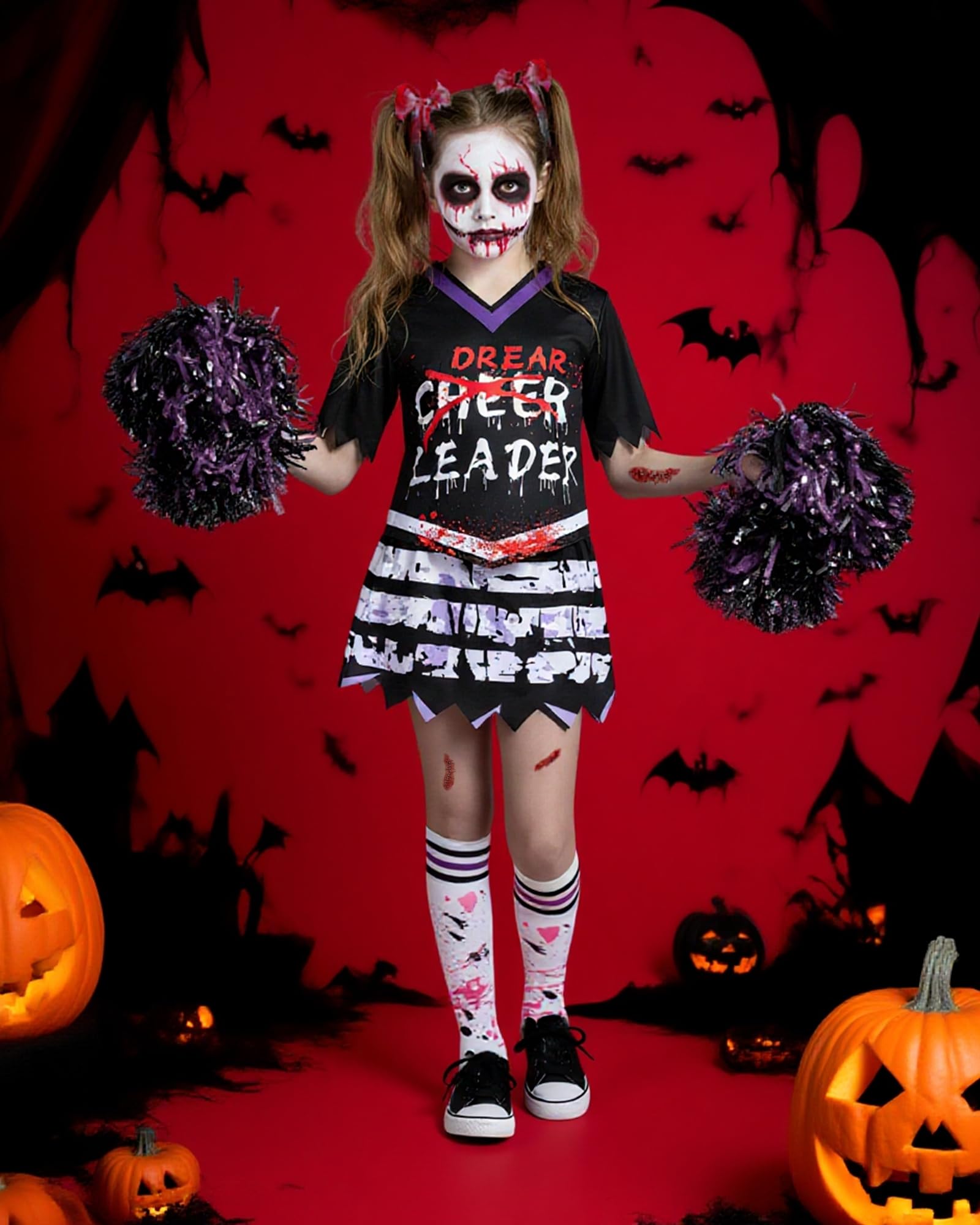 Zombie Cheerleader Costume – Black & Purple Undead Spirit Outfit with Pompoms & Accessories 💜🩸