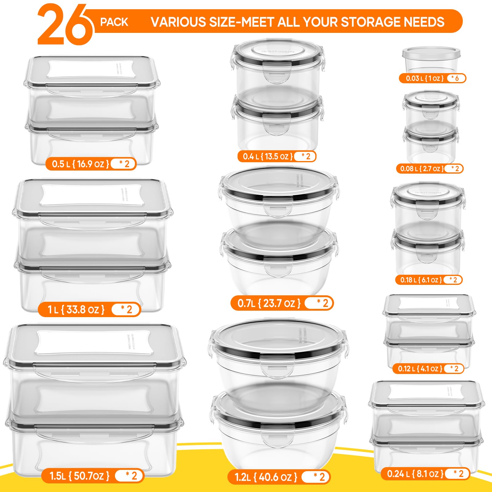 Airtight Food Storage Containers Set – 26 Pack Stackable Meal Prep Containers with Lids & Sauce Cups
