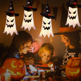 Halloween Lighted Ghost Witch Hats – 4 Pack Hanging LED Decorations with 3 Flash Modes for Indoor & Outdoor Use (Warm White)