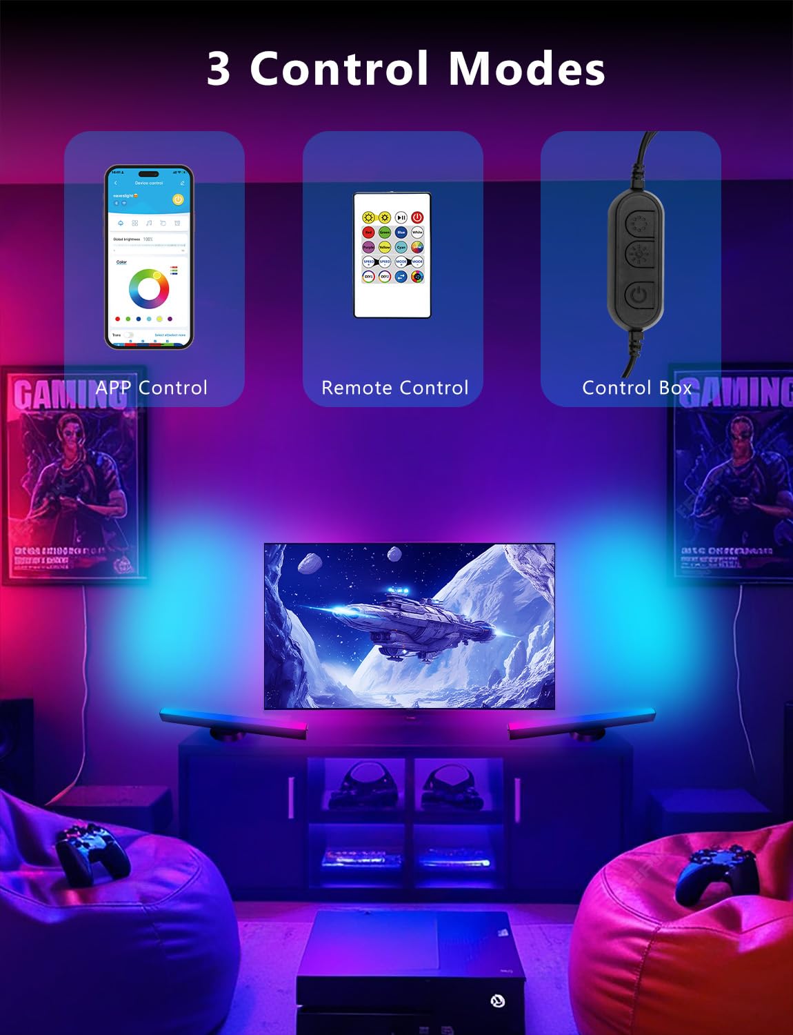 RGBW+IC Smart LED Light Bars with Music Sync, App & Remote Control – Black Ambient Gaming Lights