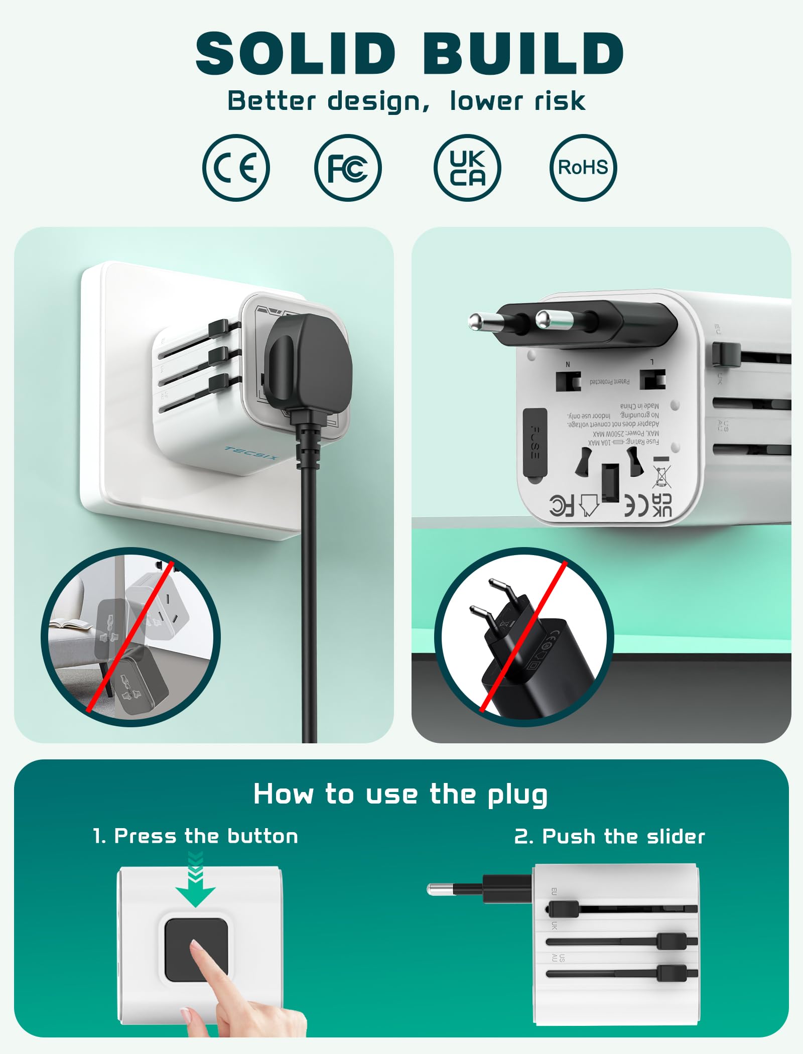 TECSIX Universal Travel Adapter – Compact 2500W Worldwide Plug Adapter for 200+ Countries (White)