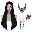 Gothic Halloween Wig & Accessories Set – Long Black Braided Wig with Necklace, Earrings & Red Rose
