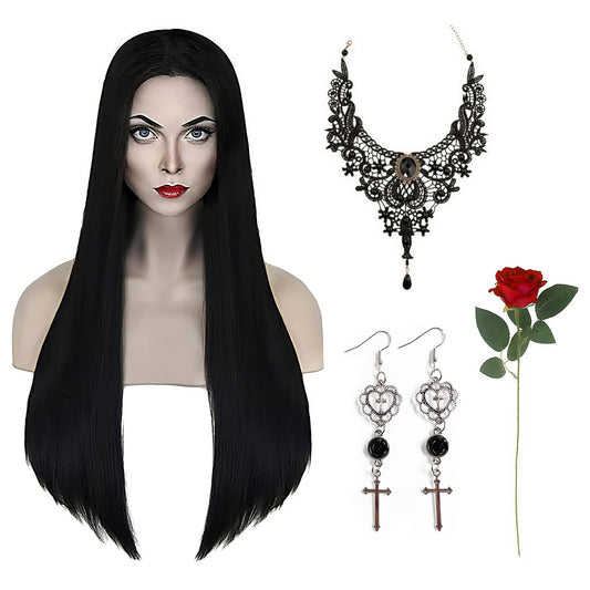 Gothic Halloween Wig & Accessories Set – Long Black Braided Wig with Necklace, Earrings & Red Rose