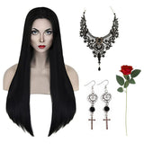 Gothic Halloween Wig & Accessories Set – Long Black Braided Wig with Necklace, Earrings & Red Rose