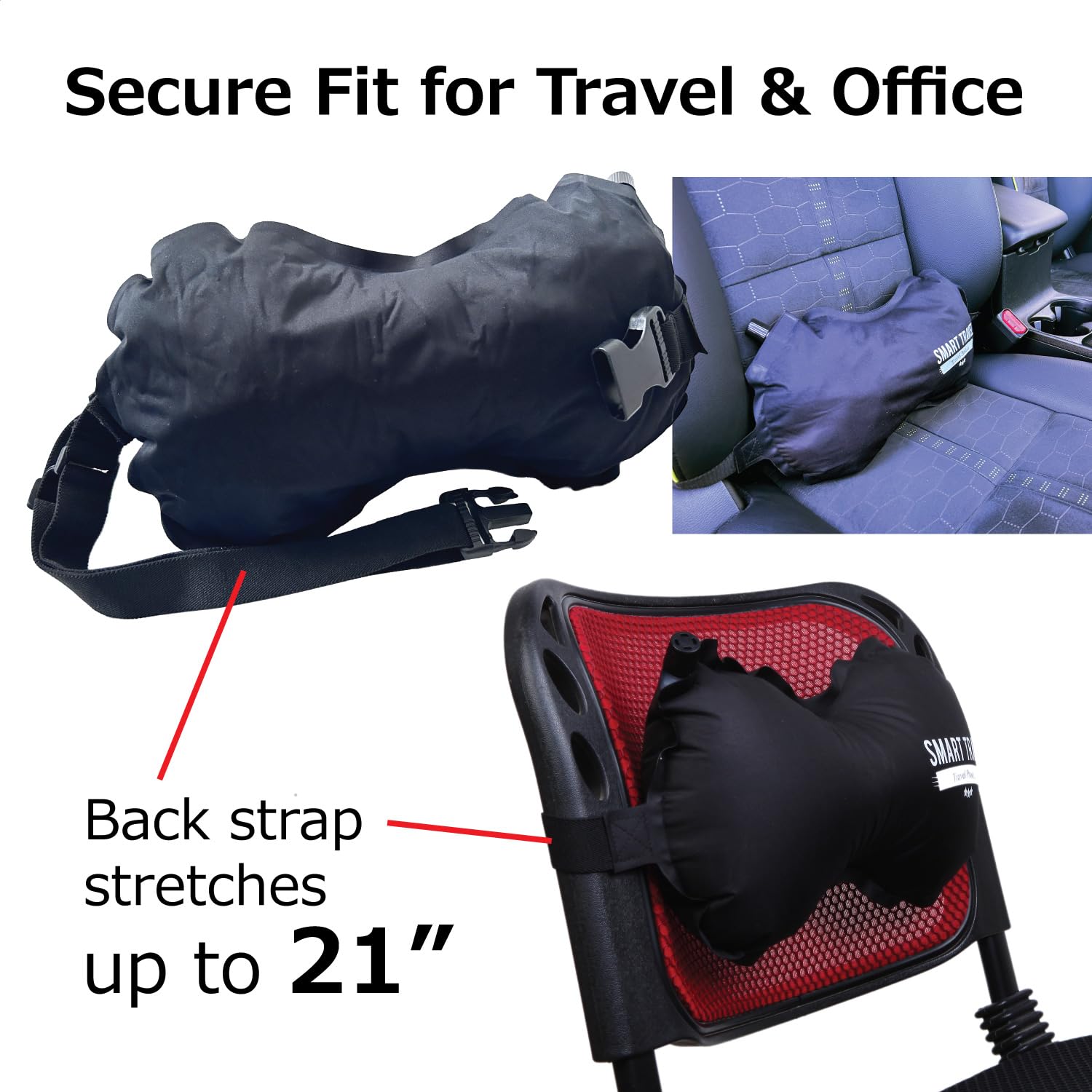 SMARTTRAVEL Inflatable Lumbar Support Pillow – Adjustable Ergonomic Back Cushion for Airplane, Office & Long Sitting (Vintage Black)
