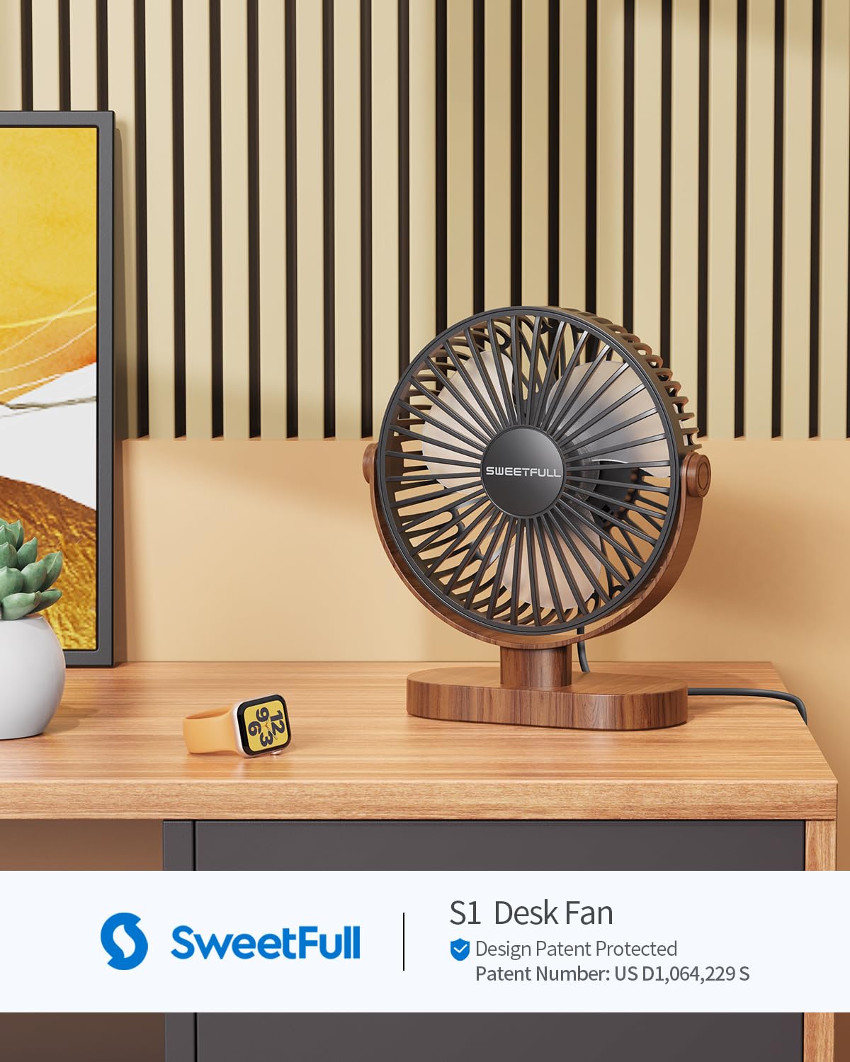 Sweetfull 6.5” USB Desk Fan Portable Quiet Mini Personal Fan with 3 Speeds & 360° Adjustable Airflow Wood Grain Design