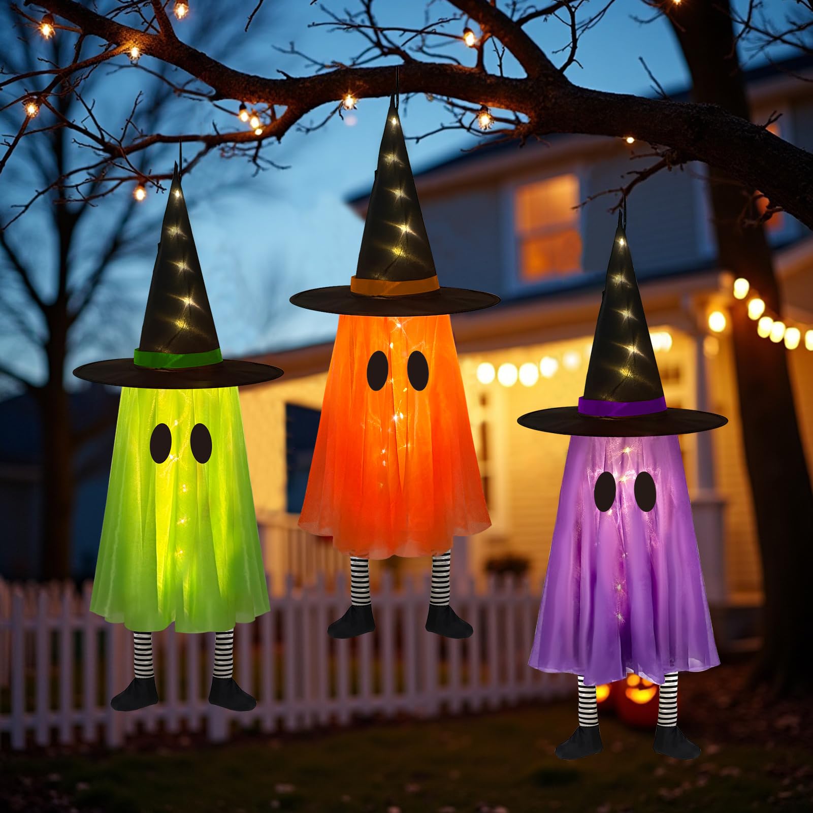Hanging Light-Up Ghost Trio – 3-Piece Halloween Decoration Set with LED String Lights in Orange, Purple & Green