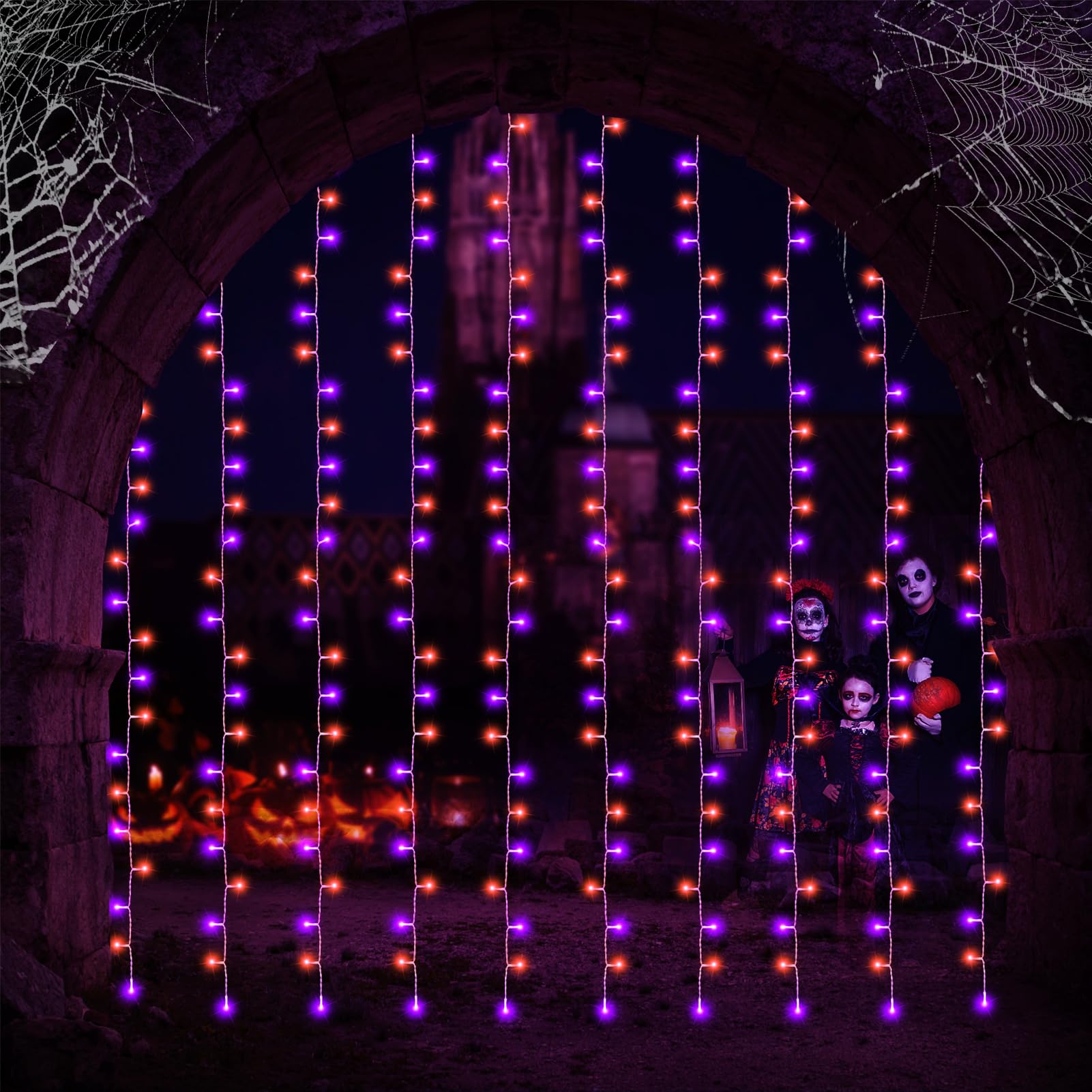 Purple & Orange Halloween Curtain Lights – 300 LED Battery-Operated String Lights with Remote Control (9.8ft x 9.8ft, Indoor/Outdoor)
