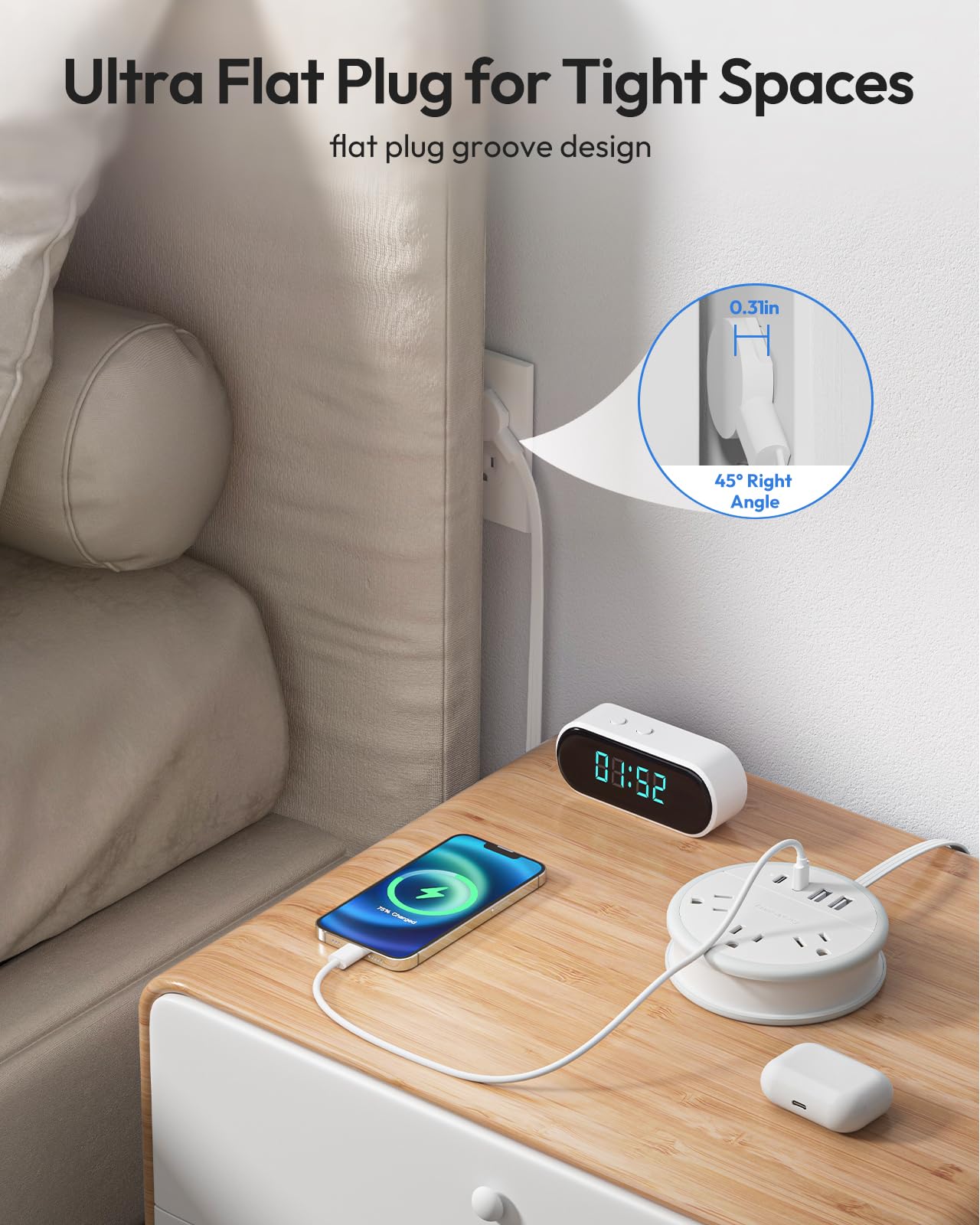 Compact Travel Power Strip with USB-C – 7 Device Charging Station, Ultra Thin Flat Plug & 4ft Wrap Cord for Hotels, Cruise & Home Use