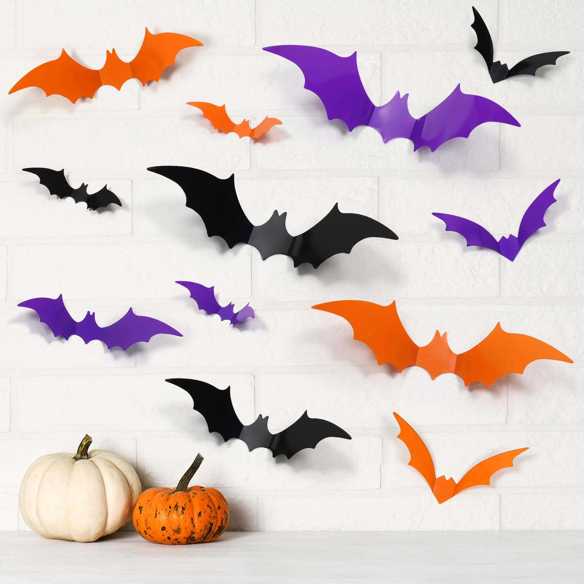 Halloween 3D Bat Wall Decals – 100 PCS Waterproof PVC Bats in Orange, Purple & Black (5 Sizes)