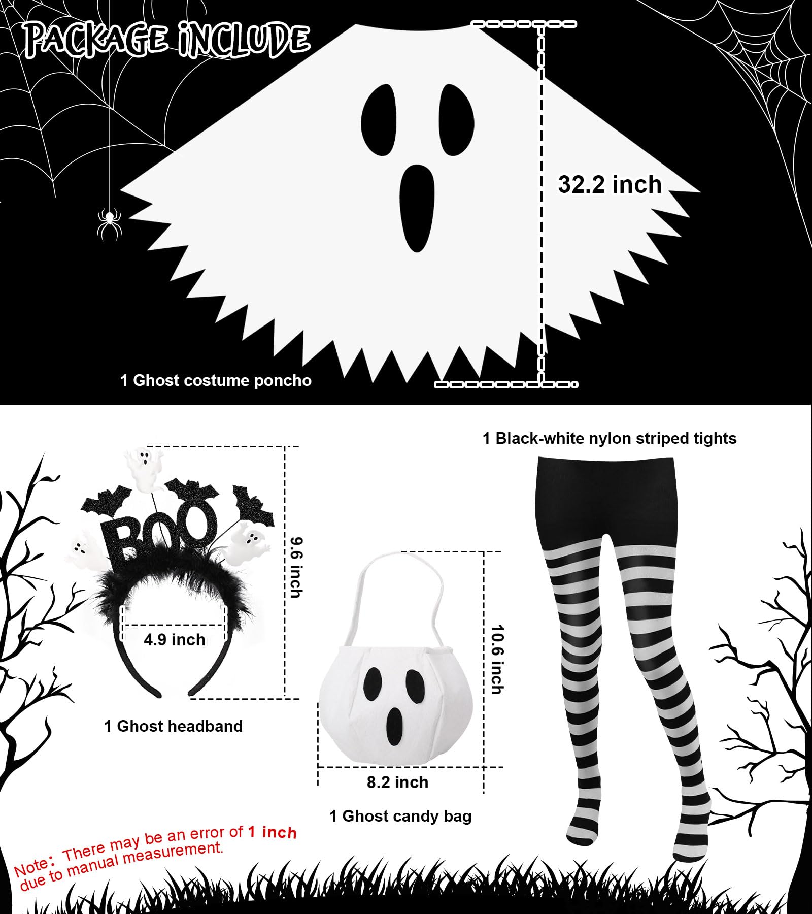 Women’s White Ghost Costume Set – 4-Piece Halloween Poncho, Headband, Tights & Candy Bag 👻🖤