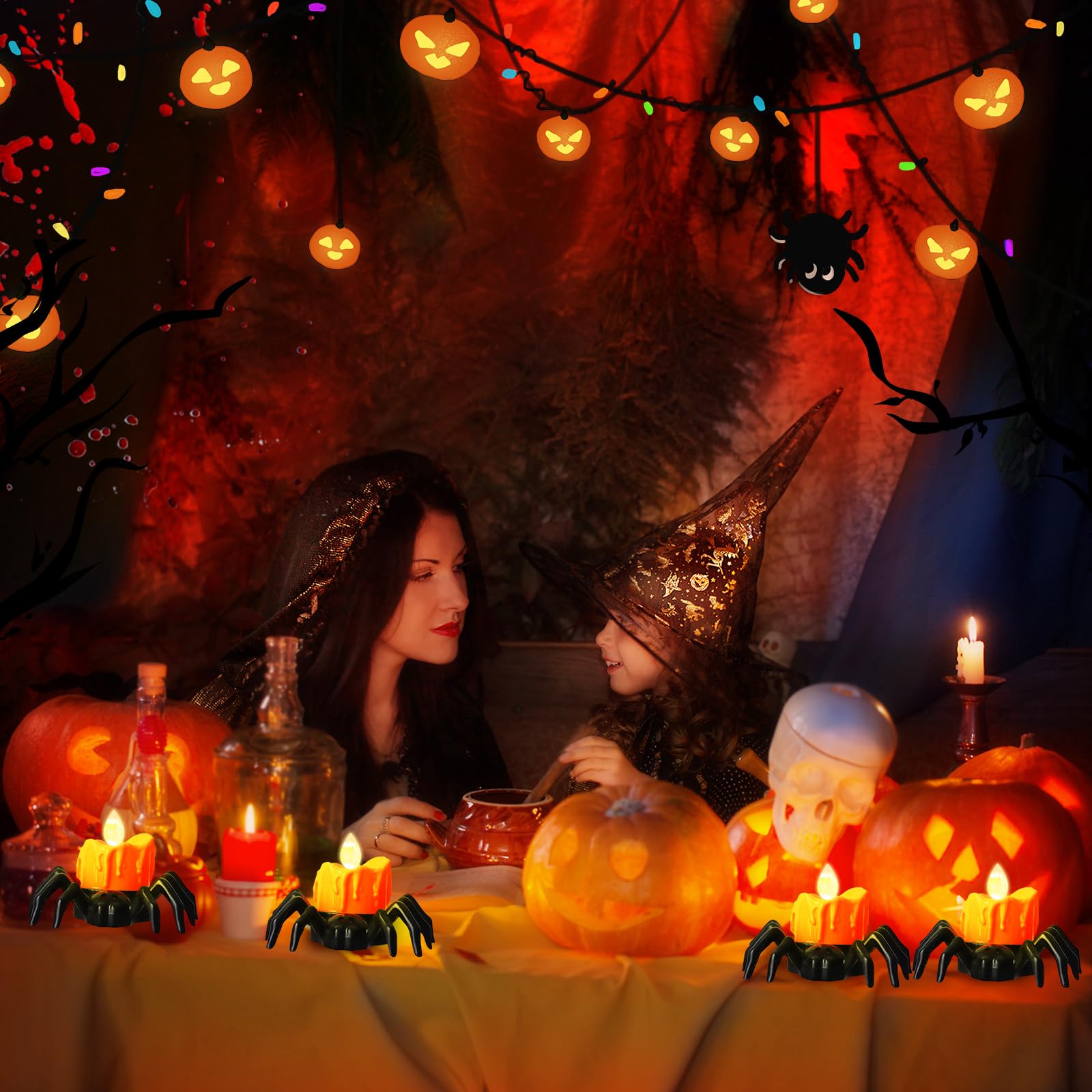 Flameless Halloween Spider Tealight Candles – 6 Black Spiders with Orange LED Lights for Creepy Party Decor