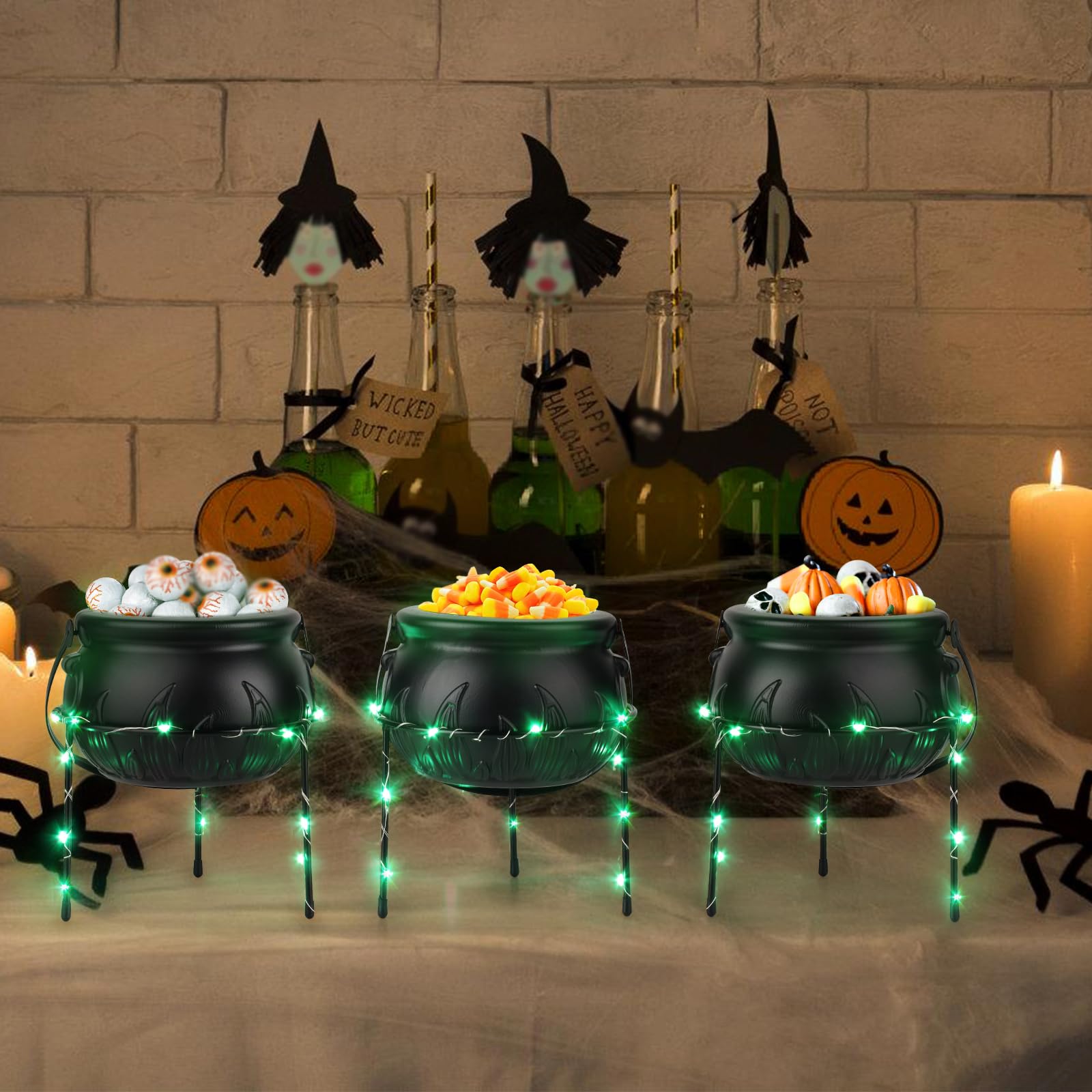 3-Pack Black Witch Cauldron Serving Bowls with Green LED Lights – Halloween Candy & Snack Display Set