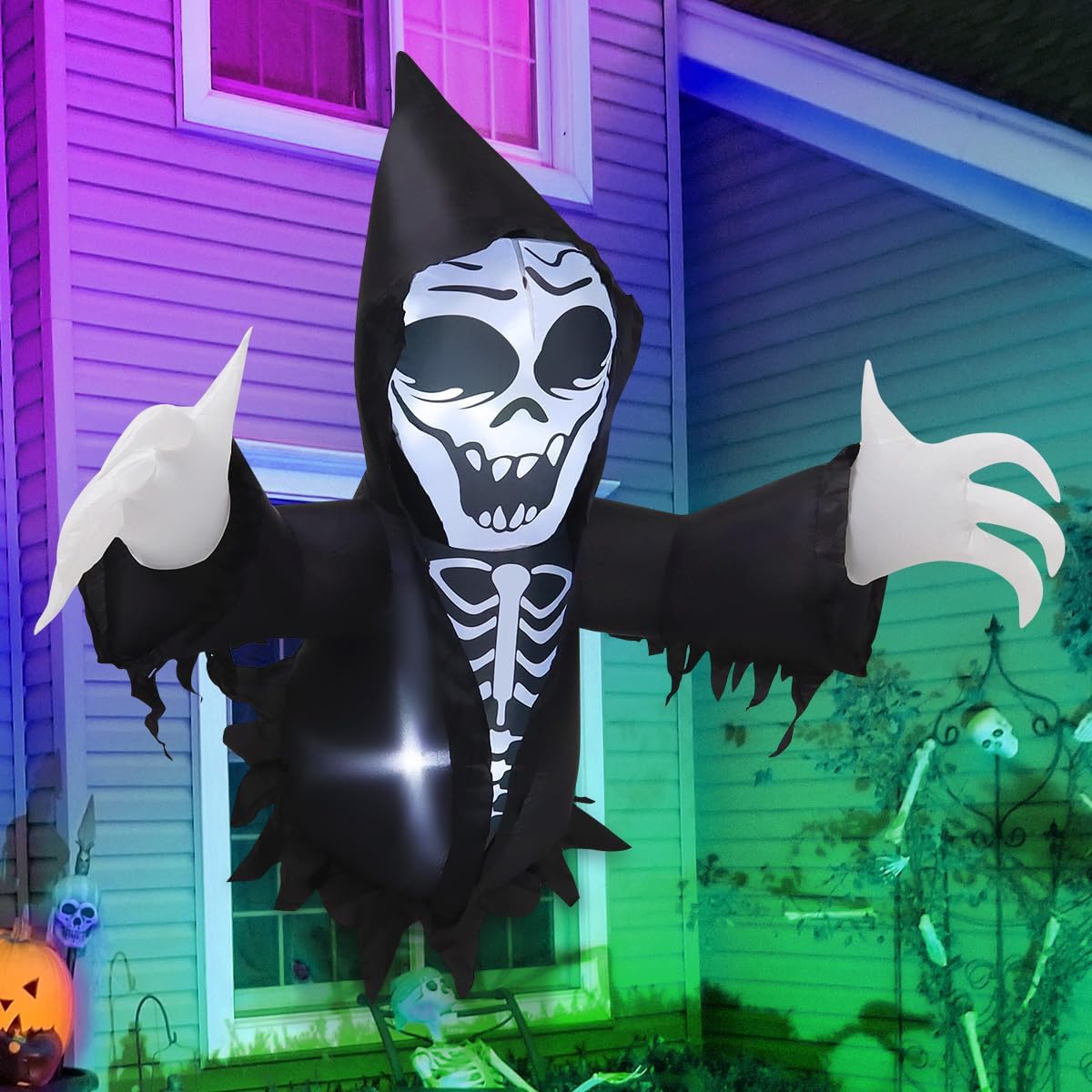 GOOSH 4.2 FT Halloween Inflatables Grim Reaper Broke Out from Window Outdoor Decorations Blow Up with Built-in LEDs for Halloween Party Indoor, Outdoor, Yard, Garden Decor