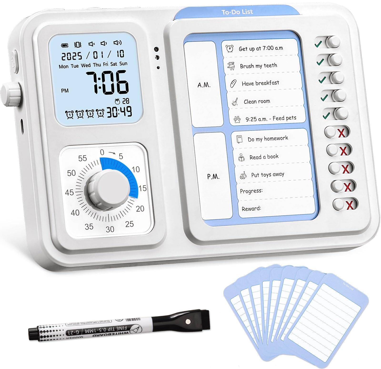3-in-1 Visual Timer with Chore Chart & Digital Clock for ADHD Focus, Routines & Daily Schedules – White