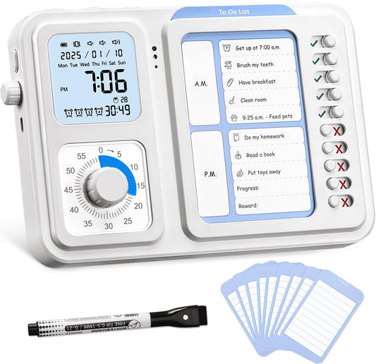 3-in-1 Visual Timer with Chore Chart & Digital Clock for ADHD Focus, Routines & Daily Schedules – White
