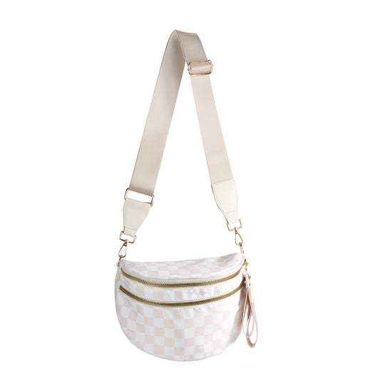 Spacious Checkered Nylon Crossbody Bag – Adjustable Strap Bum Bag for Women (Beige Checkered)