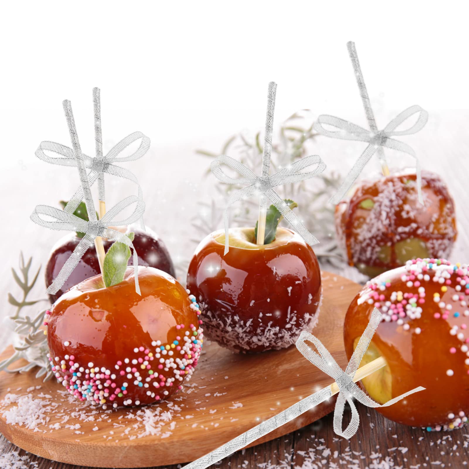 48 Pcs Candy Apple DIY Kit – Silver Glitter Edition 🍬 Includes Bamboo Sticks, Candy Wrapping Glass Paper & Glitter Ribbon