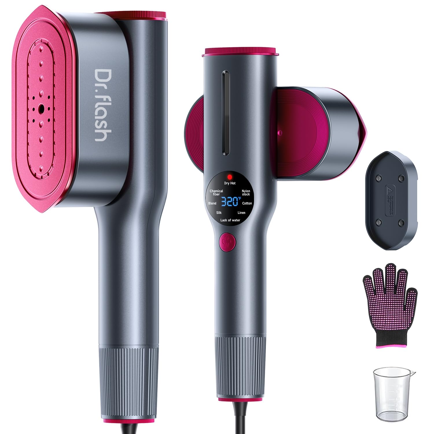 DRFLASH Rose Red 2-in-1 Professional Handheld Garment Steamer 1200W Foldable Travel Steam Iron with 7 Fabric Modes