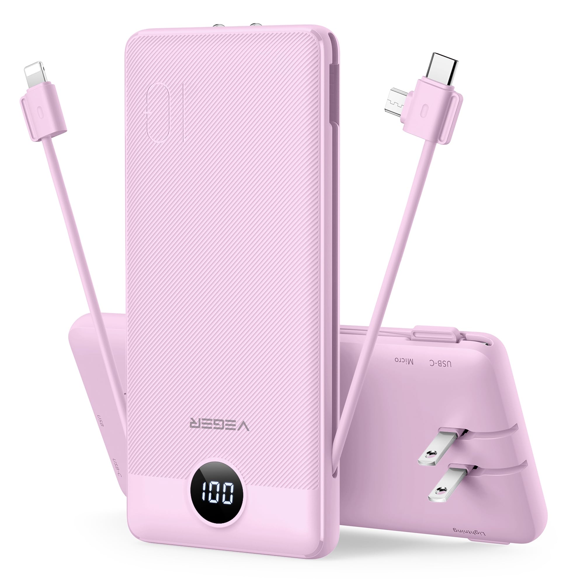 VEGER 10000mAh Power Bank with Built-in Wall Plug & Charging Cables – Slim Portable Charger for iPhone, Samsung & USB Devices