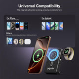 Magnetic Portable Power Bank 10,000mAh – Wireless Fast Charger with Built-In Cables & Kickstand (Black)