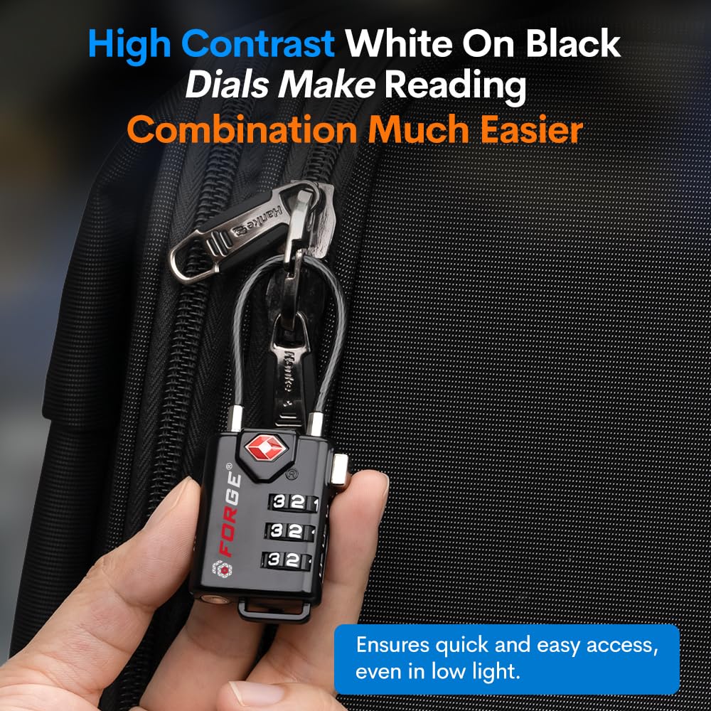 Forge TSA Approved Cable Luggage Locks 4 Pack, Durable 3 Digit Combination Travel Locks for Suitcases, Backpacks & Gym Bags