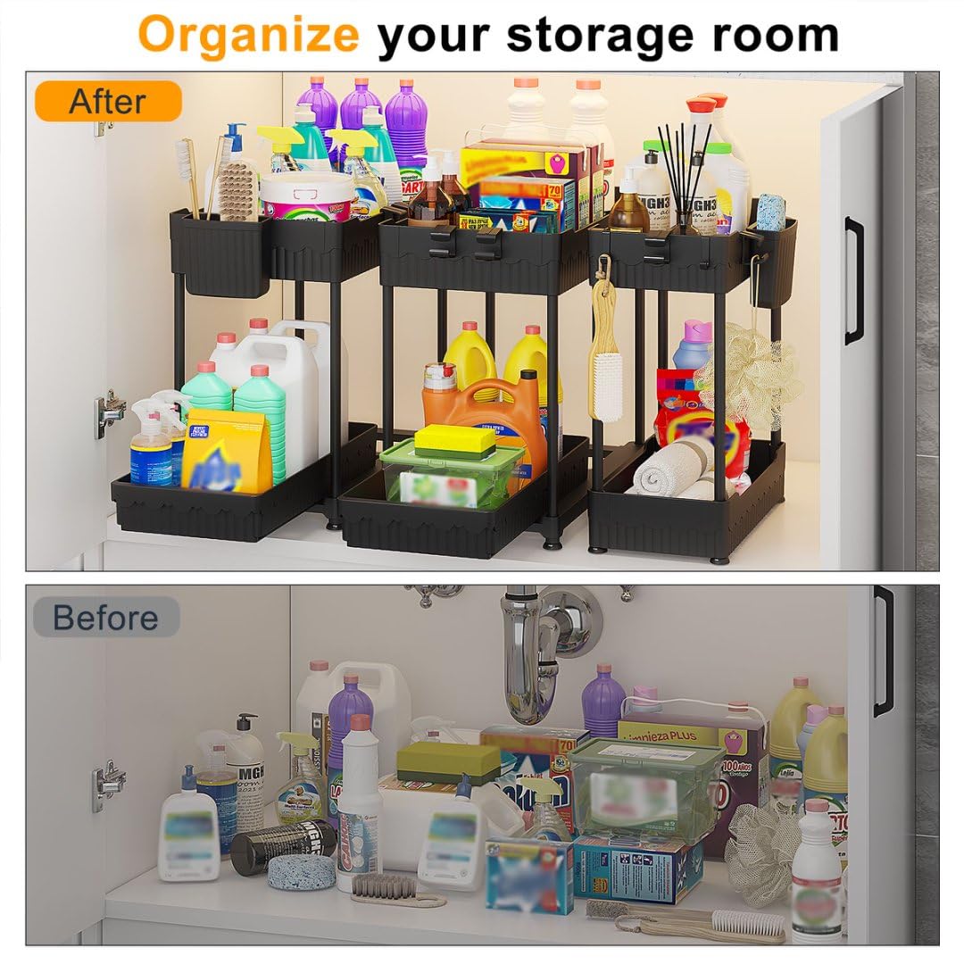 Under Sink Organizer Set (3-Pack) – 2-Tier Sliding Storage Shelves for Kitchen & Bathroom Cabinets