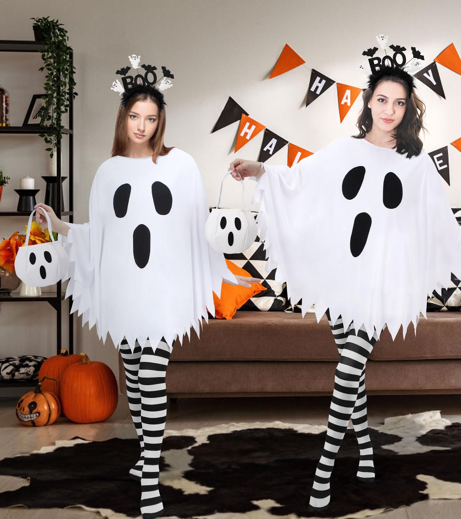 Women’s White Ghost Costume Set – 4-Piece Halloween Poncho, Headband, Tights & Candy Bag 👻🖤