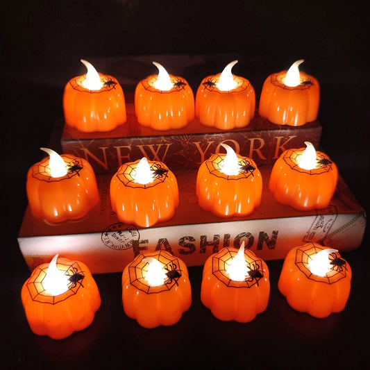 12-Pack Halloween Pumpkin LED Tea Light Candles – Flickering Flameless Pumpkin Lights for Spooky Décor