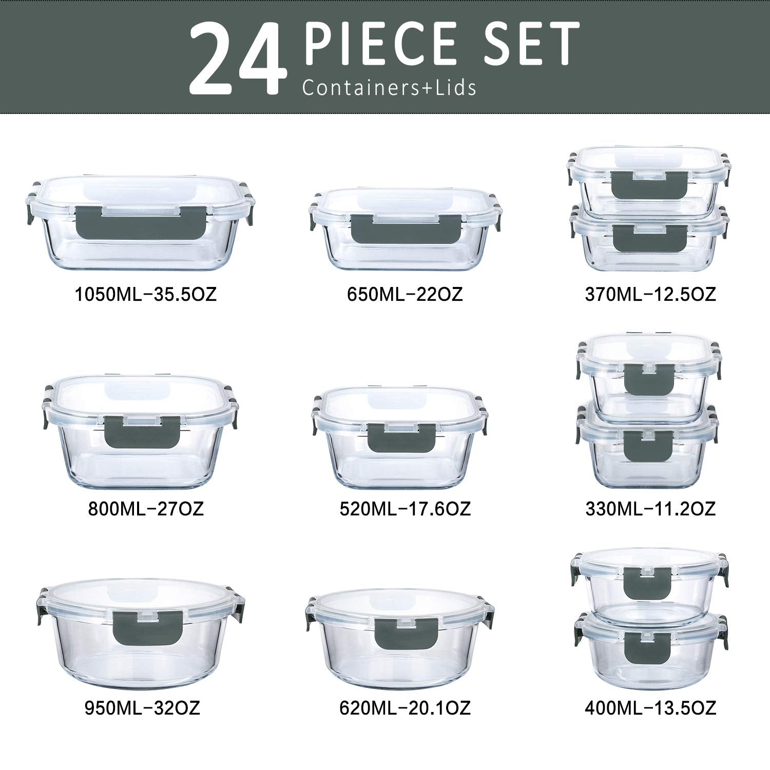 Glass Food Storage Containers with Lids – 24-Piece Borosilicate Meal Prep Set (Gray Lids)