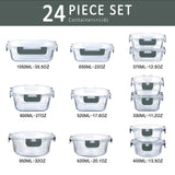 Glass Food Storage Containers with Lids – 24-Piece Borosilicate Meal Prep Set (Gray Lids)
