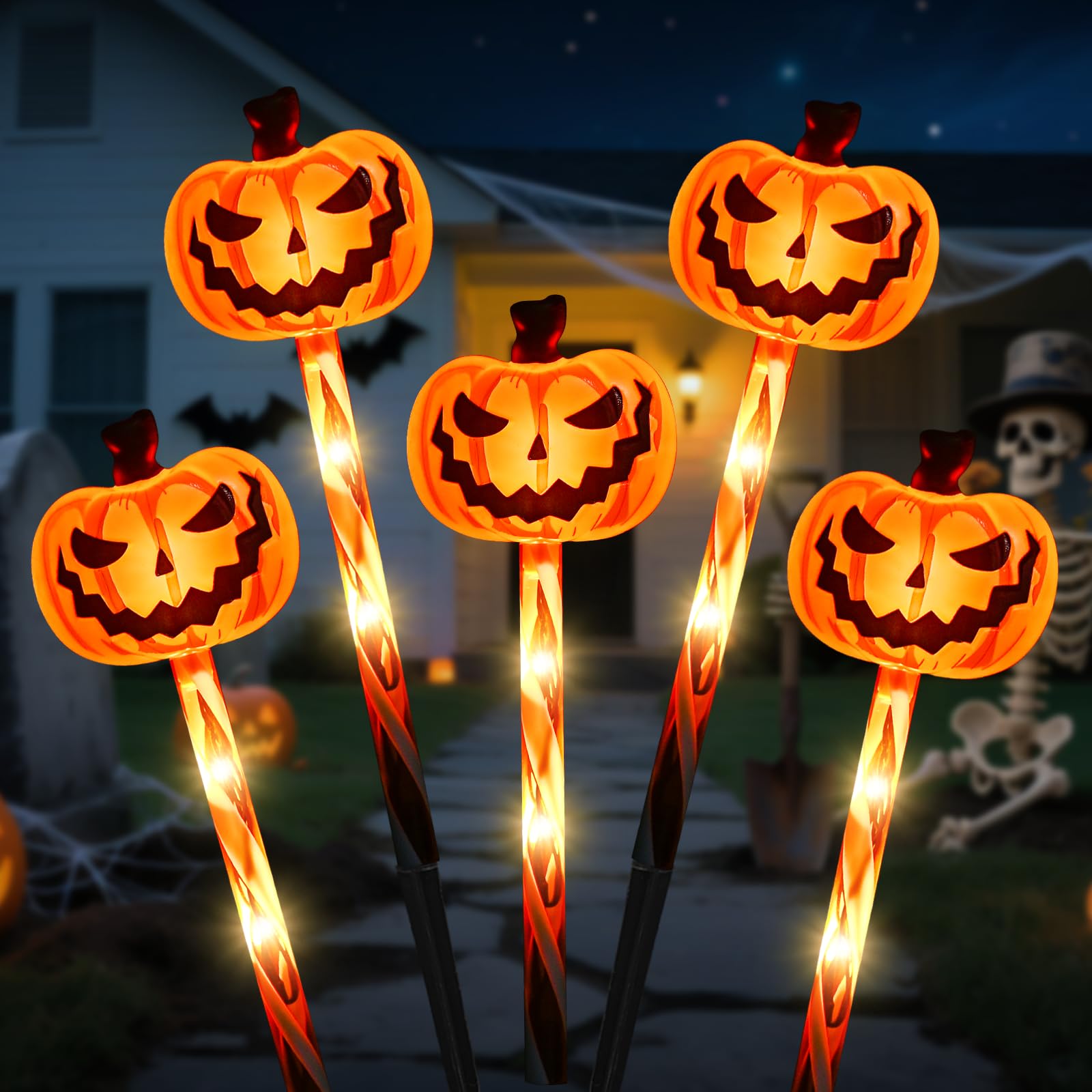 LOLStar Halloween Pathway Lights – 5 Jack-O’-Lantern Pumpkin Stakes with 8 Flashing Modes, Timer & Waterproof Battery Box (Orange, 8.8ft Strand)