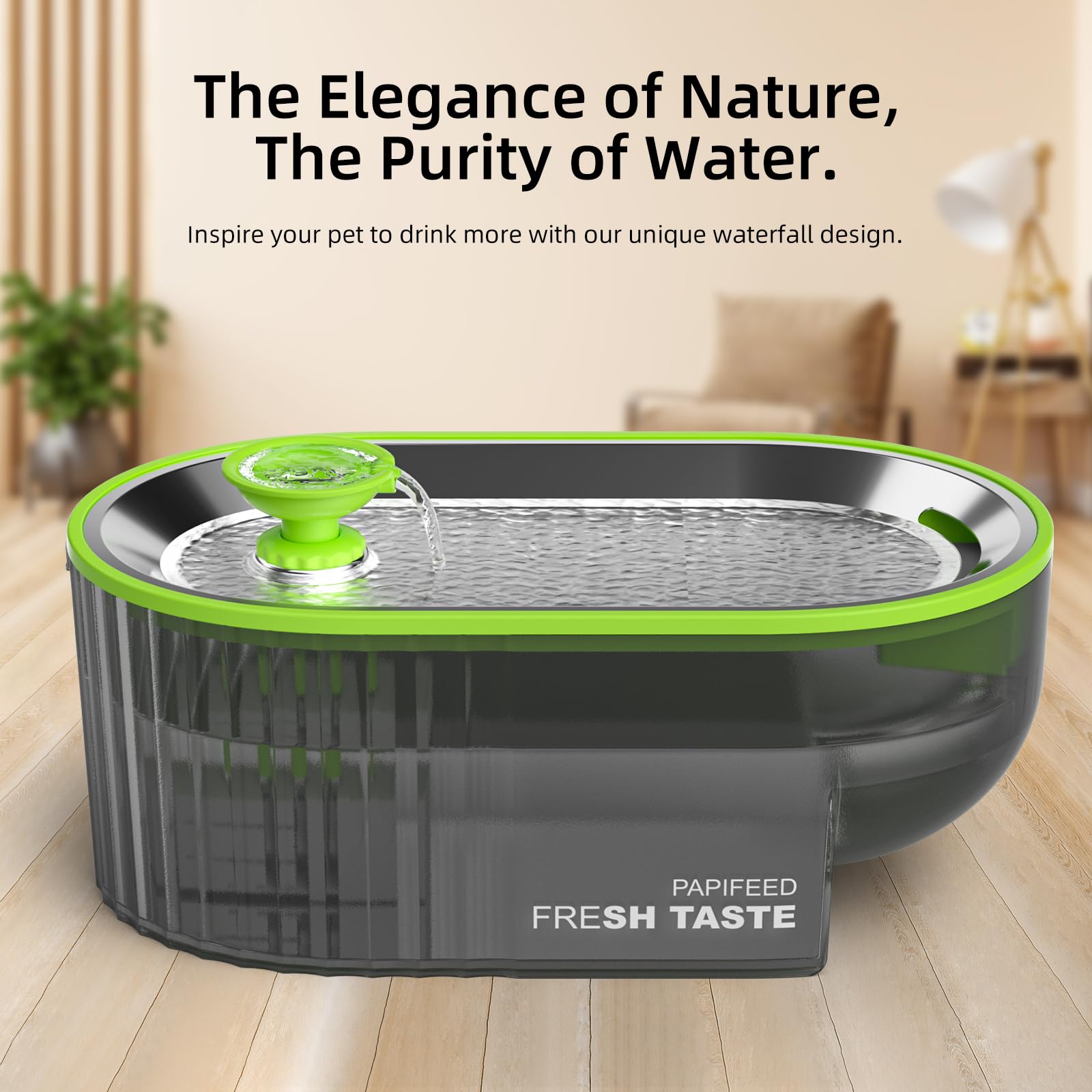 2.5L Stainless Steel Cat Water Fountain with LED Water Level Window, USB Powered Quiet Pump & Waterproof Silicone Mat – Green
