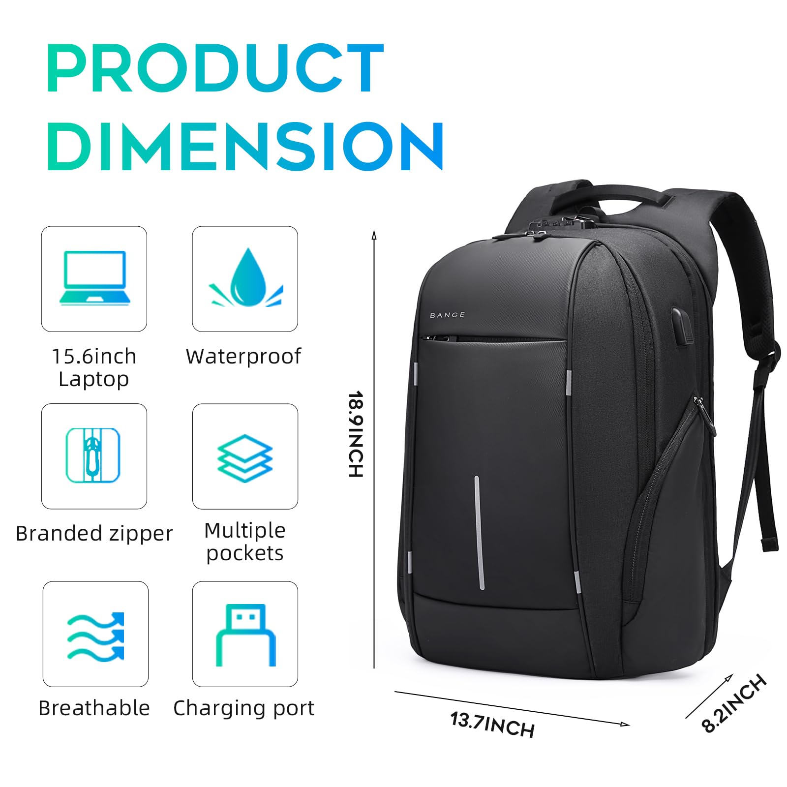 BANGE Slim Anti-Theft Laptop Backpack – Lightweight Business Travel Backpack with TSA Lock, Fits 15.6” Notebooks (Black)