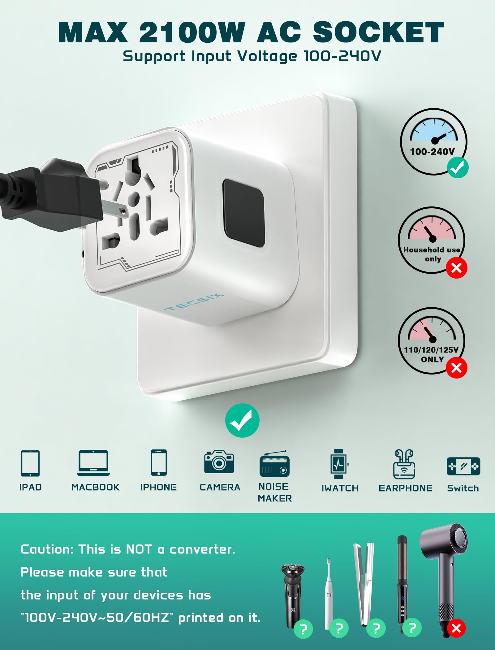 TECSIX Universal Travel Adapter – Compact 2500W Worldwide Plug Adapter for 200+ Countries (White)