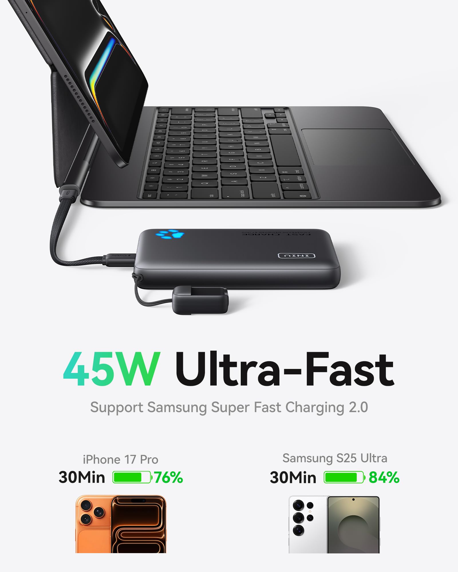 INIU 10000mAh Portable Power Bank 45W Fast Charging – Compact USB-C Power Bank for iPhone, Android & Travel