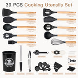 39-Piece Silicone Kitchen Utensil Set with Wooden Handles – Heat Resistant & Non-Stick Safe (Black)