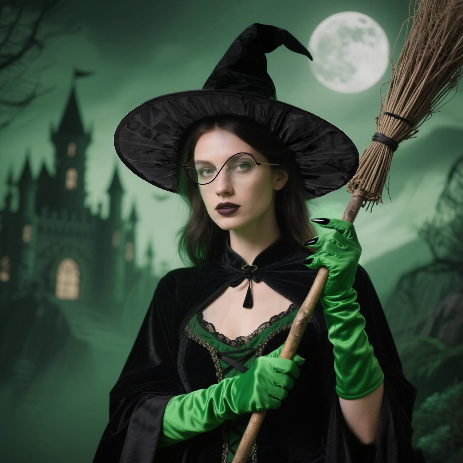 Black & Green Witch Costume Kit (5PCS with Glasses) – Complete Halloween Witch Set with Hat, Gloves, Face Paint & Accessories