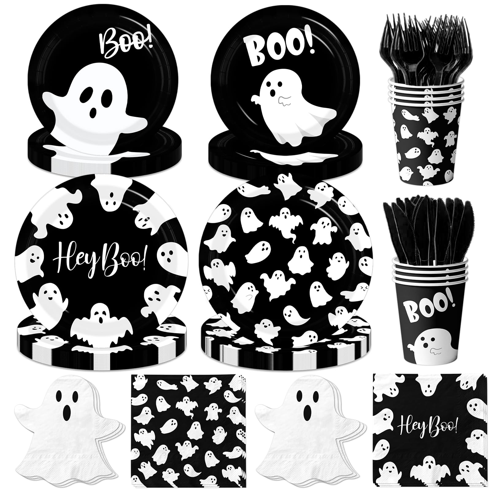 Black Ghost Halloween Tableware Set – 144 Pcs Disposable Plates, Cups, Napkins & Cutlery with Cute Boo Ghost Design for Party & Baby Shower