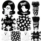 Black Ghost Halloween Tableware Set – 144 Pcs Disposable Plates, Cups, Napkins & Cutlery with Cute Boo Ghost Design for Party & Baby Shower