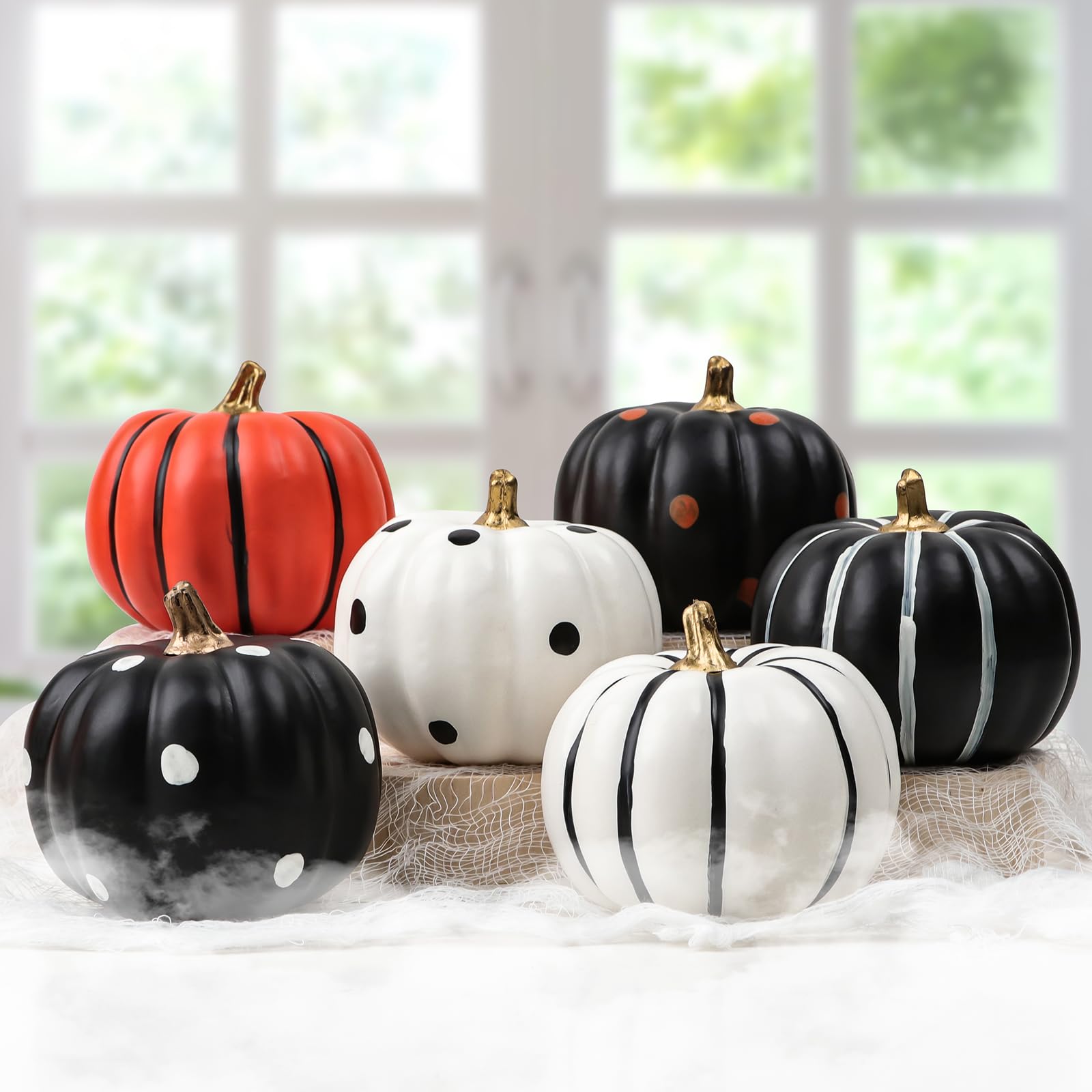Hand-Painted Black & White Halloween Pumpkins Set – 6 Foam Decorative Pumpkins with Dots & Stripes