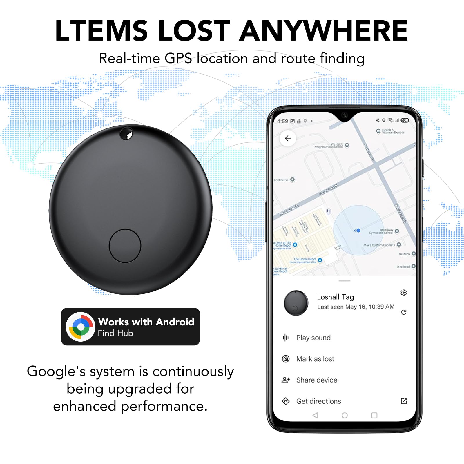 Android Bluetooth Tracker Tag 4 Pack, Find Hub Compatible Smart Item Locator with 120 ft Range, IP68 Waterproof, Replaceable Battery