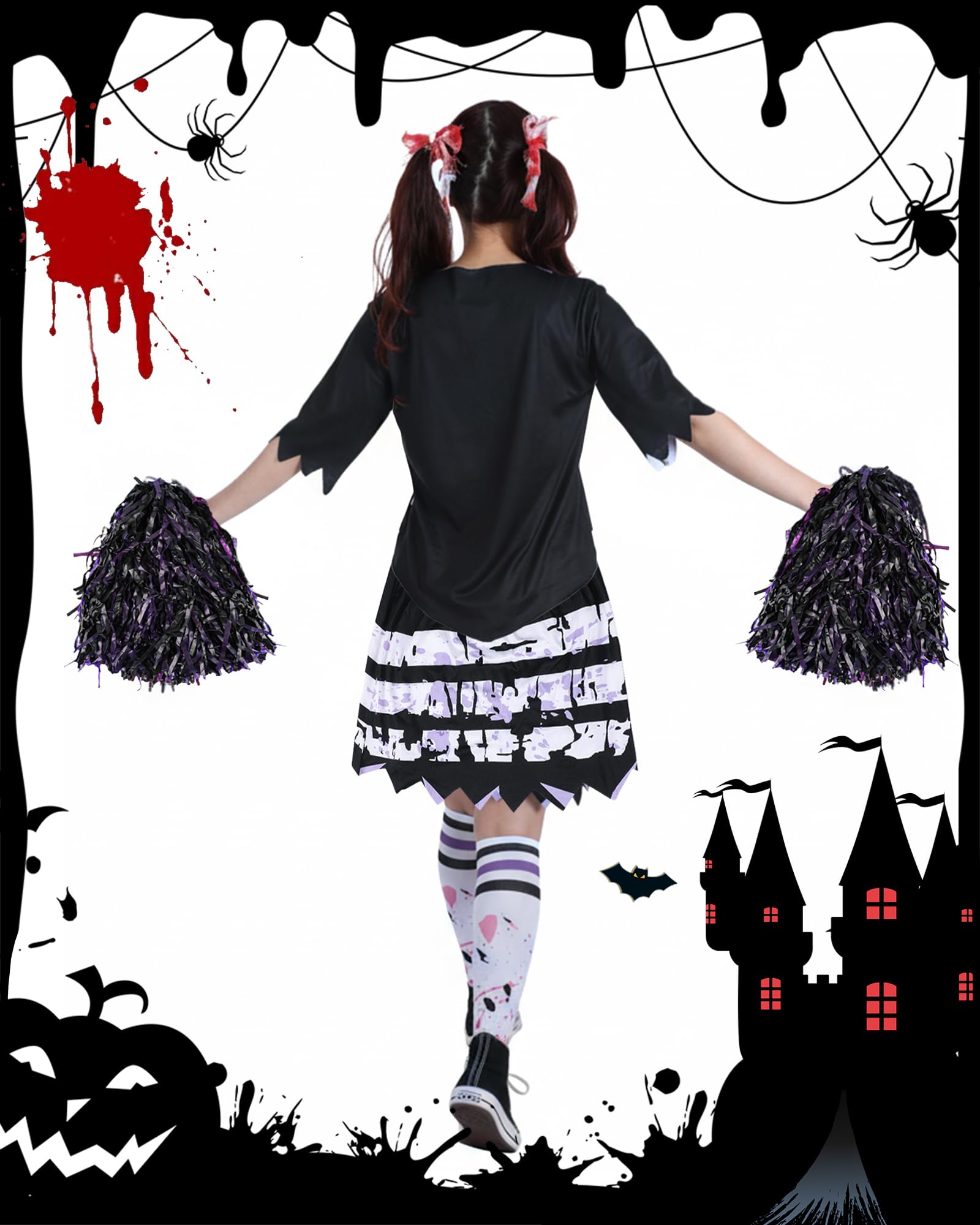 Zombie Cheerleader Costume – Black & Purple Undead Spirit Outfit with Pompoms & Accessories 💜🩸