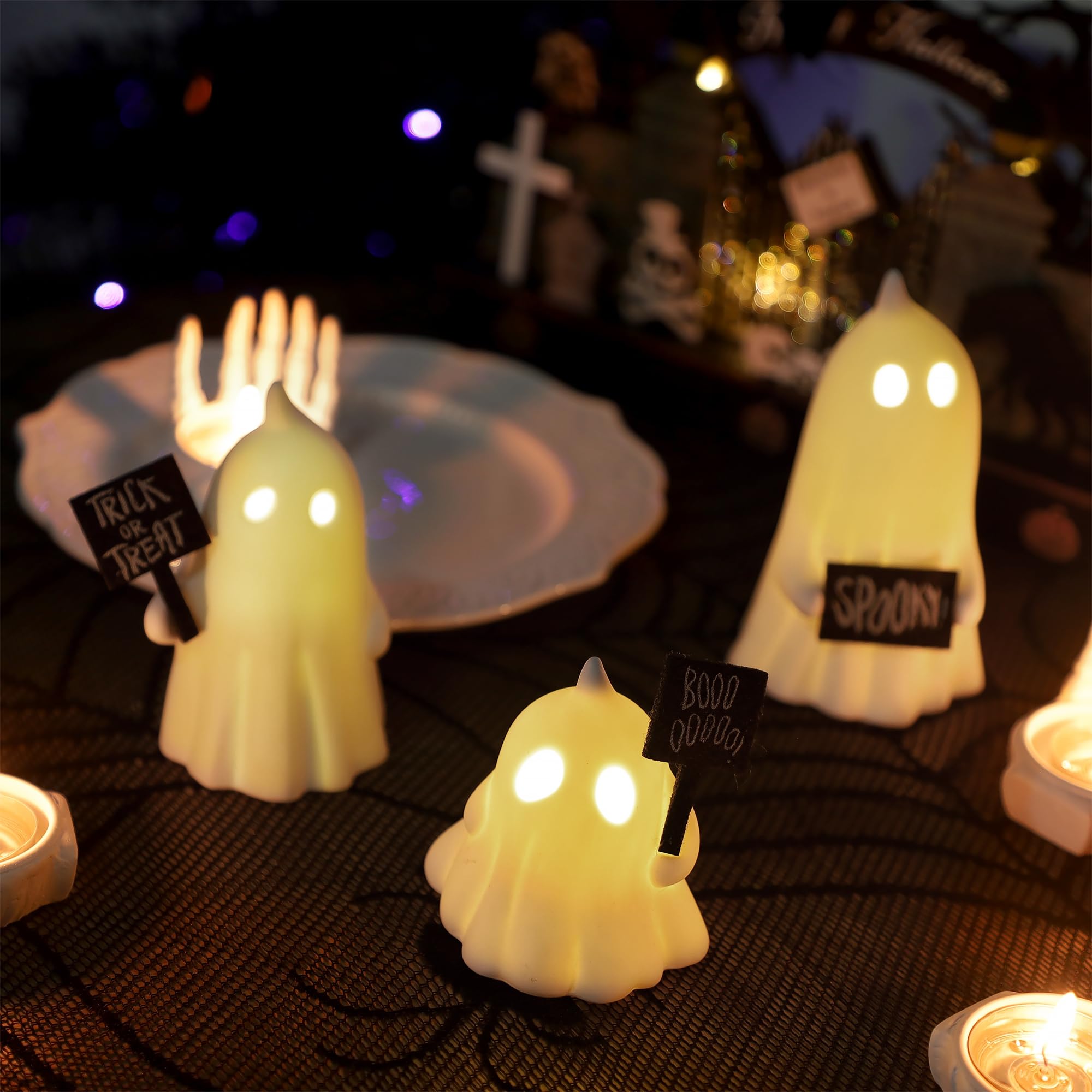 Ceramic Lighted Halloween Ghost Figurines – Set of 3 Cute White LED Ghosts with Signs “Boo”, “Spooky”, “Trick or Treat”