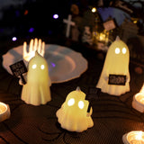 Ceramic Lighted Halloween Ghost Figurines – Set of 3 Cute White LED Ghosts with Signs “Boo”, “Spooky”, “Trick or Treat”